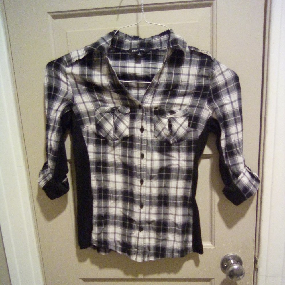 Women's Button Up Black & White Plaid Shirt By New Look